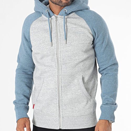 Sweat Zippé Capuche Essential Baseball Gris Chiné Bleu