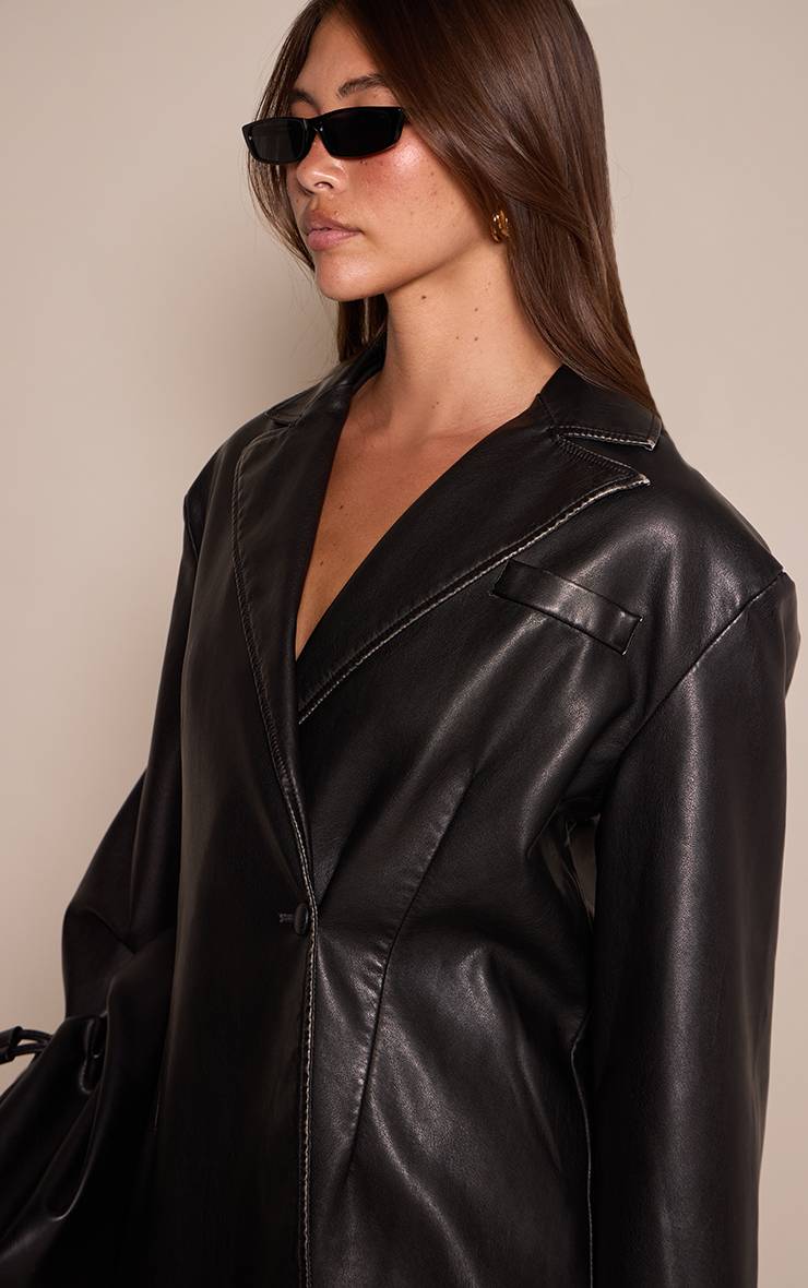 Marron Blazer Oversize En Cuir Vieilli Patiné