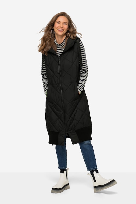 Steppweste, lange Form, Kapuze, 2-Wege-Zipper, Rippsaum