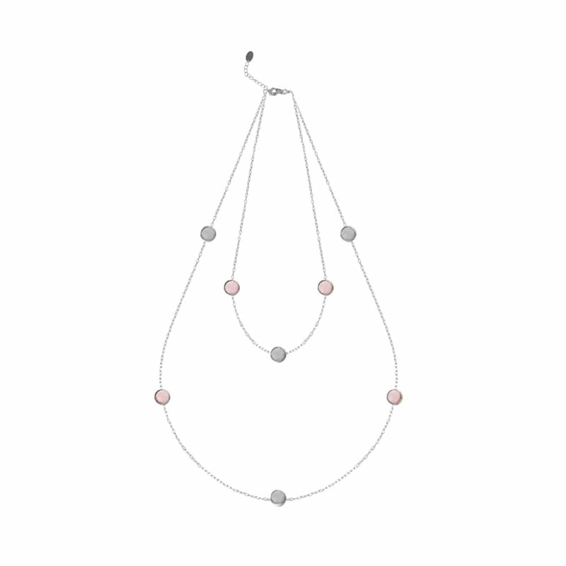 Collier Argent Rhodié Double Rangs Goutte De Cristal Pierres Rose Et Grise