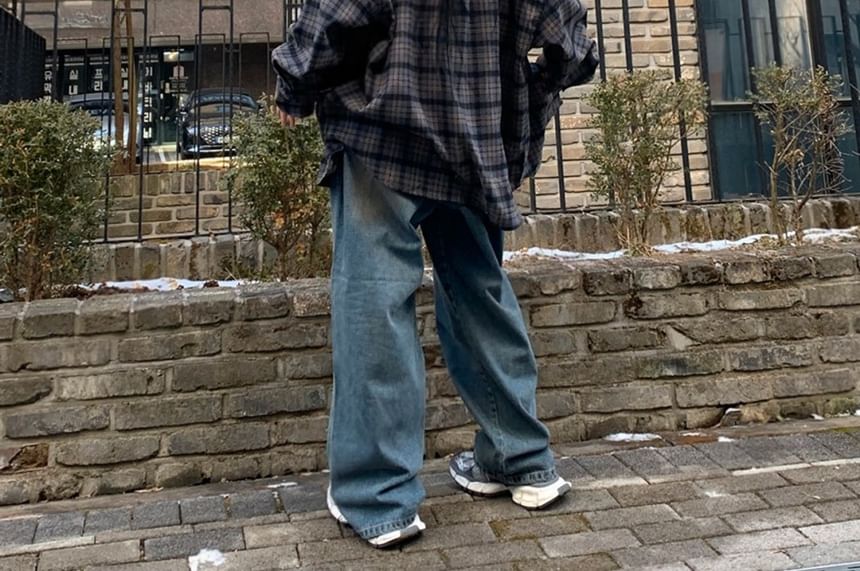 SeoulPop - Unisex geruit overhemd met lange mouwen en losse pasvorm