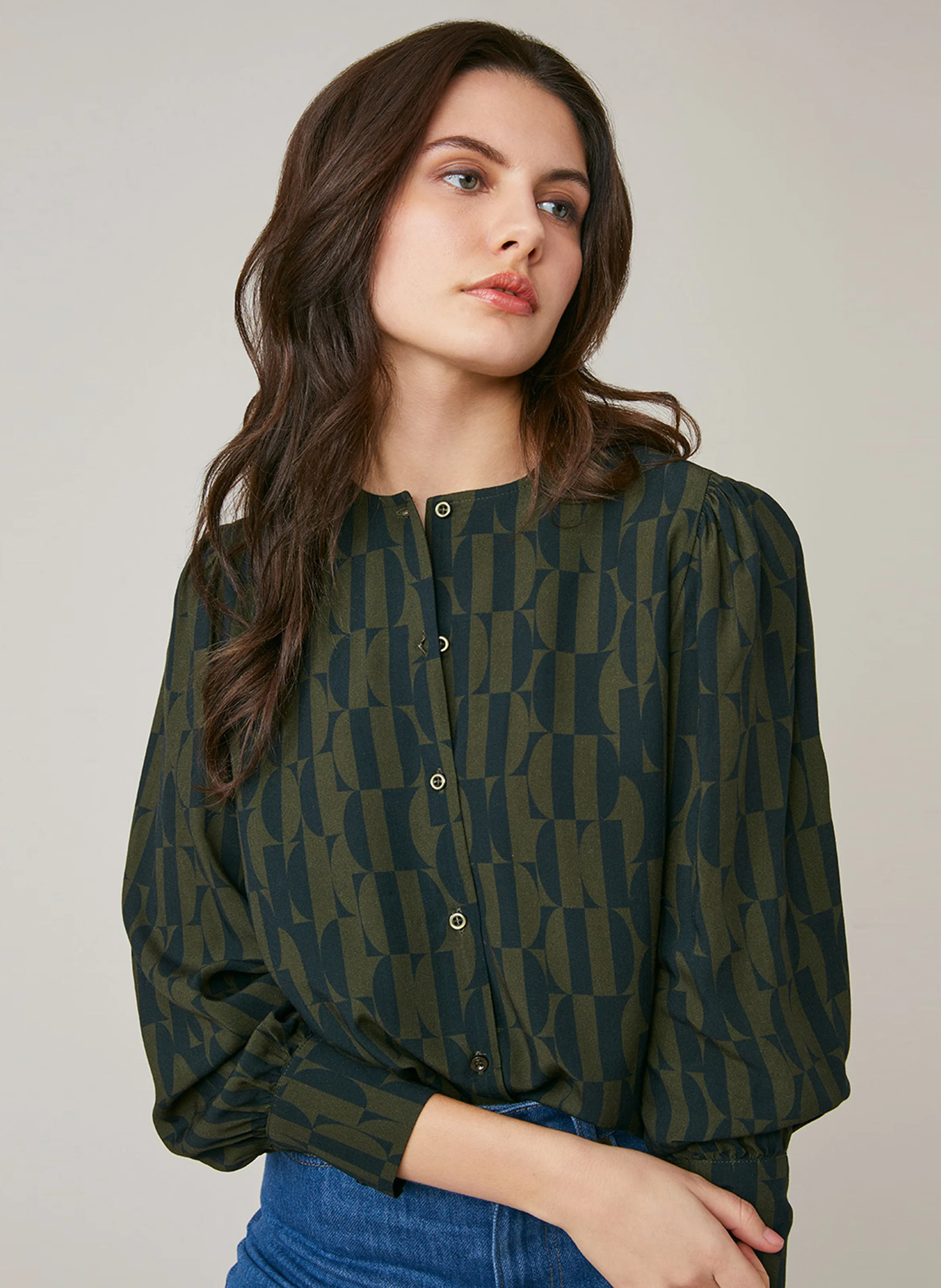 FIDJI - Blouse col rond imprimée | Kaki