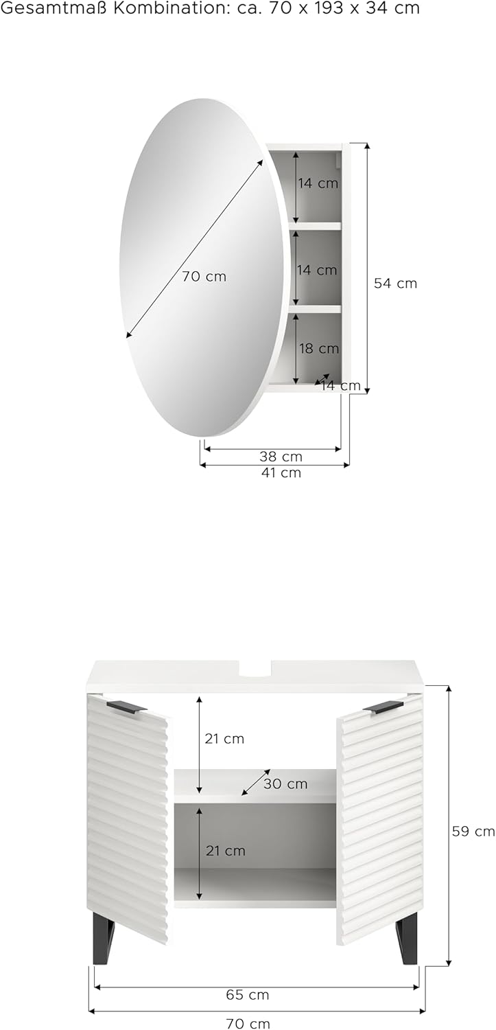 xonox.home Badezimmer Riff 2tlg. Kombination Badmöbel Set kleine Bäder Komplettprogramm Bademöbel-Set in weiß Waschbeckenunterschrank Spiegelschrank rund