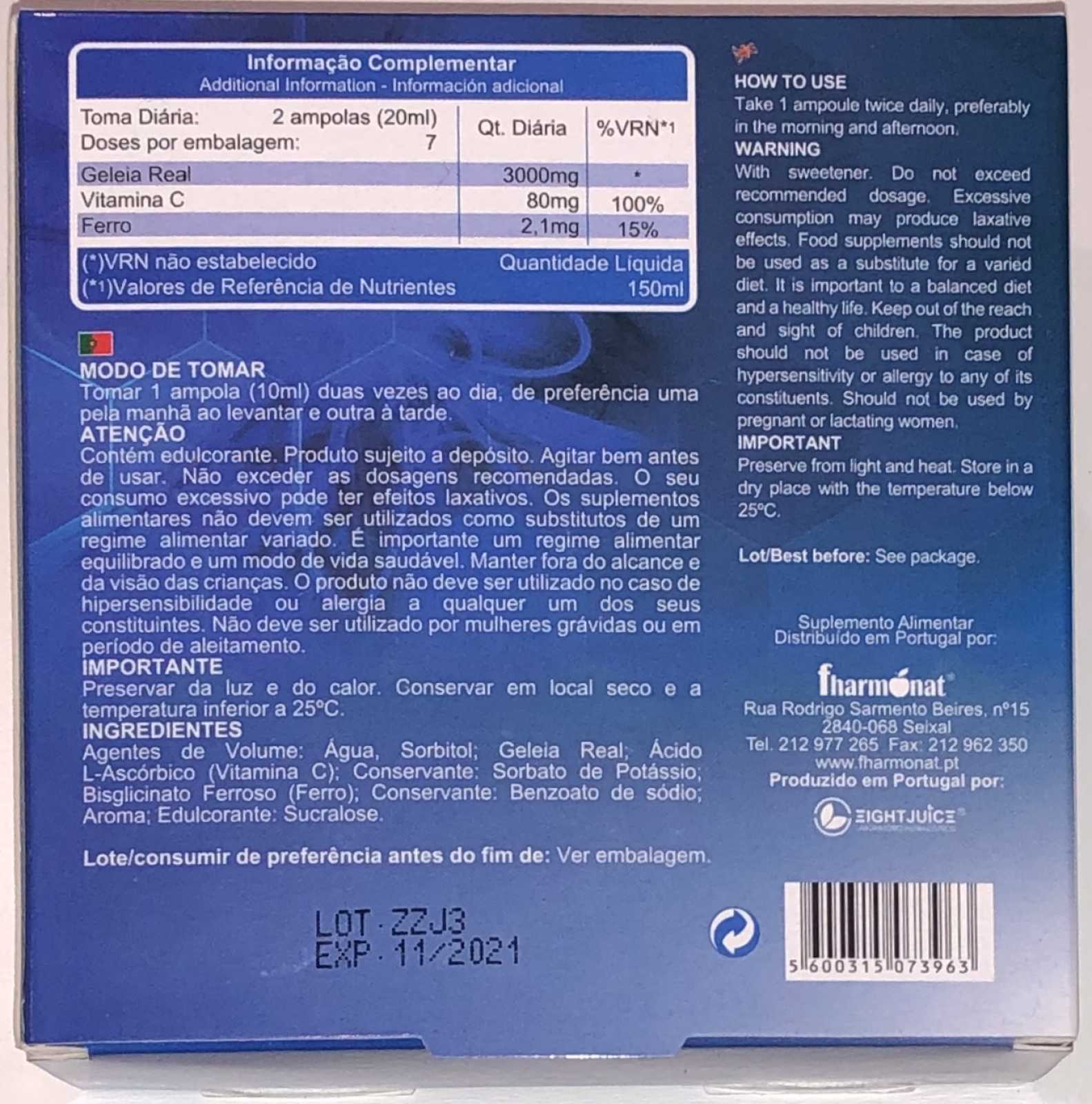 Ampolas de Geleia Real Forte Fharmonat 15x10 ml