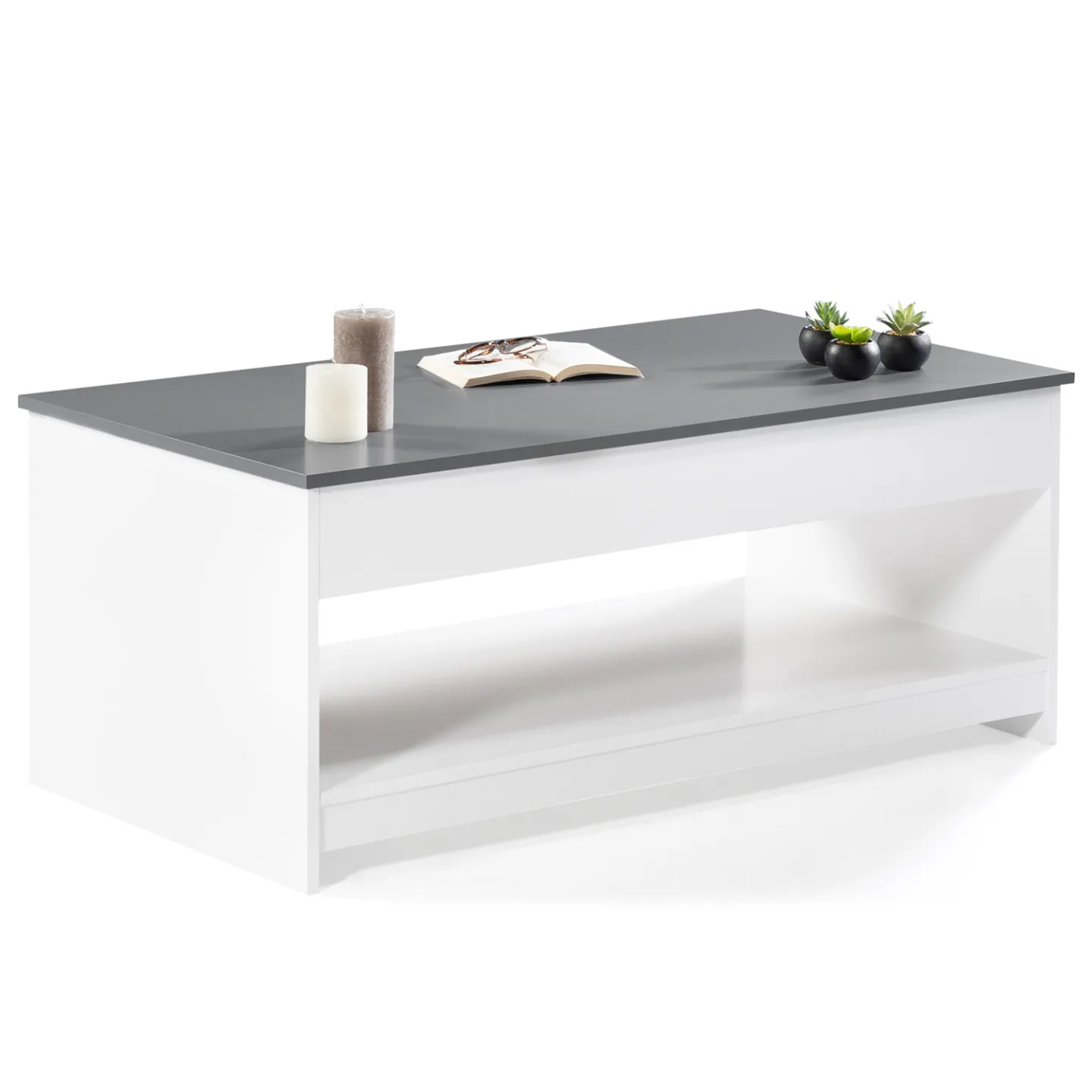 Table basse plateau relevable rectangulaire SOA bois blanc plateau gris