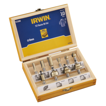 Irwin bovenfrezenset in houten kistje - 10-delig - 8 mm stift aansluiting
