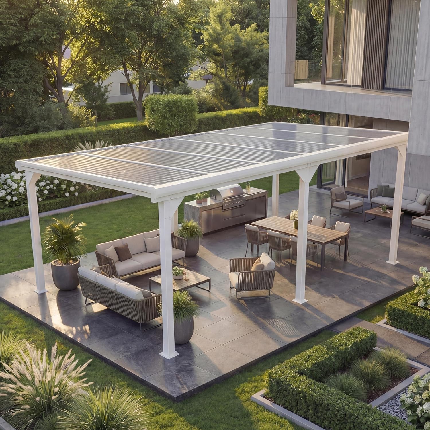 Alu-Pergola HWC-O23, Pavillon Terrassenüberdachung, stabiles 10cm-Gestell Polycarbonat-Dach Regenrinne 3x6m - weiß