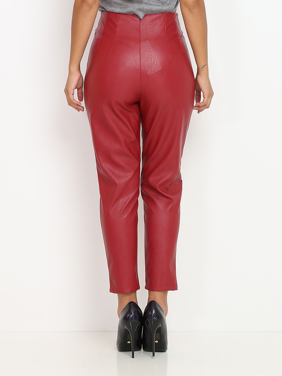 Pantalon droit à pinces en simili- Rouge