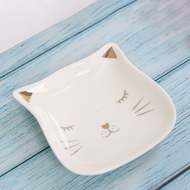 (8x8cm) Keramik Futter Napf Katzen Schüssel Haustier Wasser Schale Deko Teller im Kitten Design - Weiss