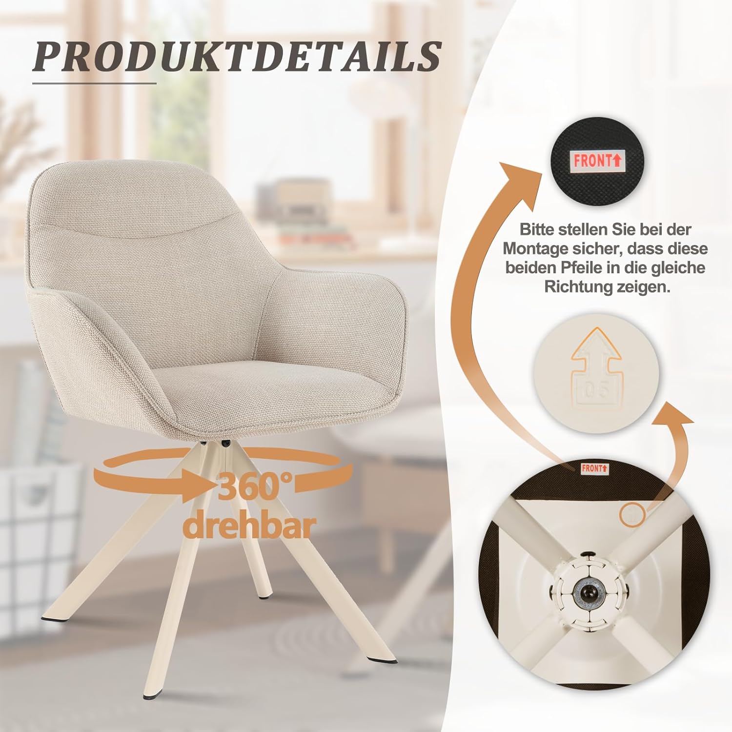 Esszimmerstuhl Beige mit Armlehne 4er Set drehstuhl Esszimmer Küchenstuhl Polsterstuhl aus Polyester mit Metallbeine und Rückenlehne für Esszimmer Küche Büro