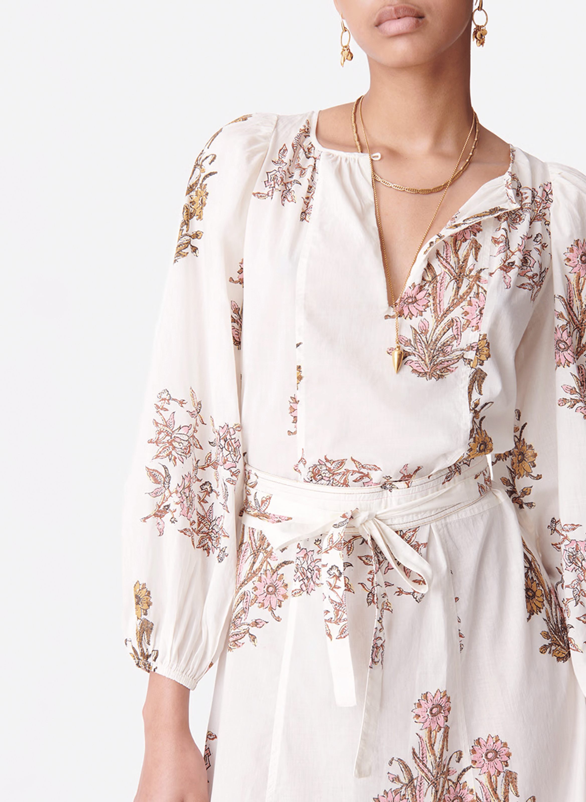 DARABELLE - Robe longue col rond en coton imprimé | Blanc
