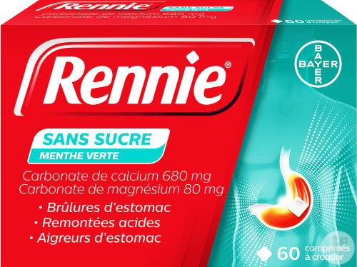 Rennie Menthe Verte Sans Sucre Brûlures D'Estomac Et Remontées Acides 60 Comprimés À Croquer