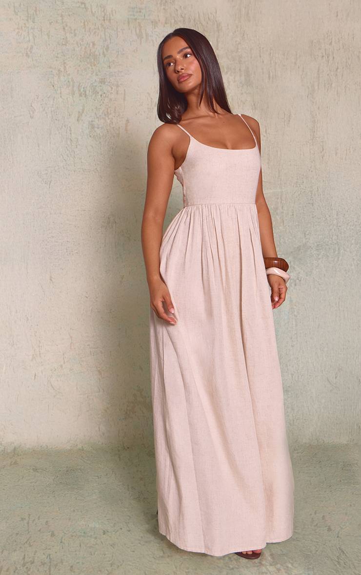 Taupe Robe Maxi Aspect Lin Taille Froncée Encolure Dégagée Petite