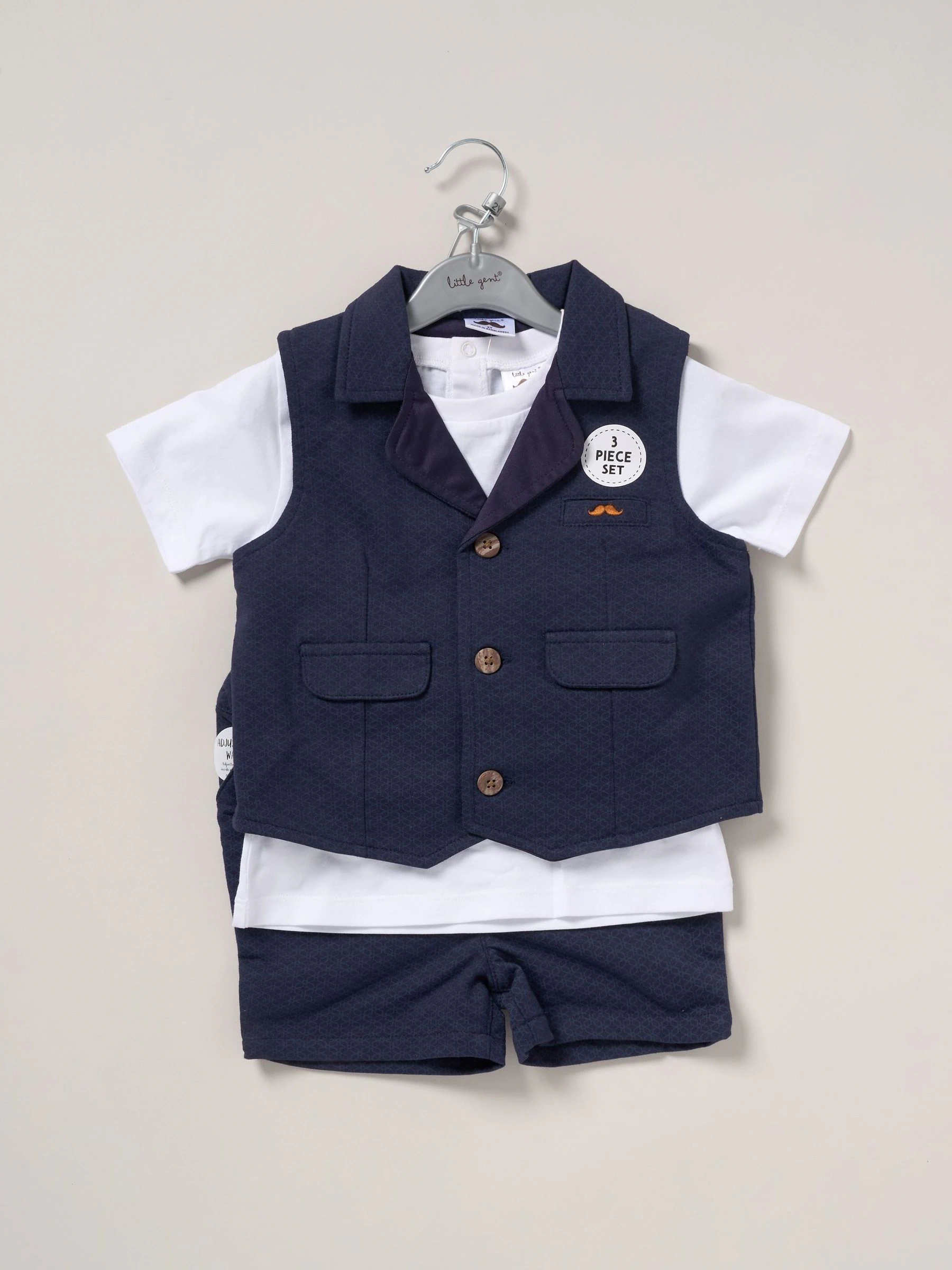 Blauw - Little Gent 100% Cotton Shirt, Waistcoat & Shorts Set