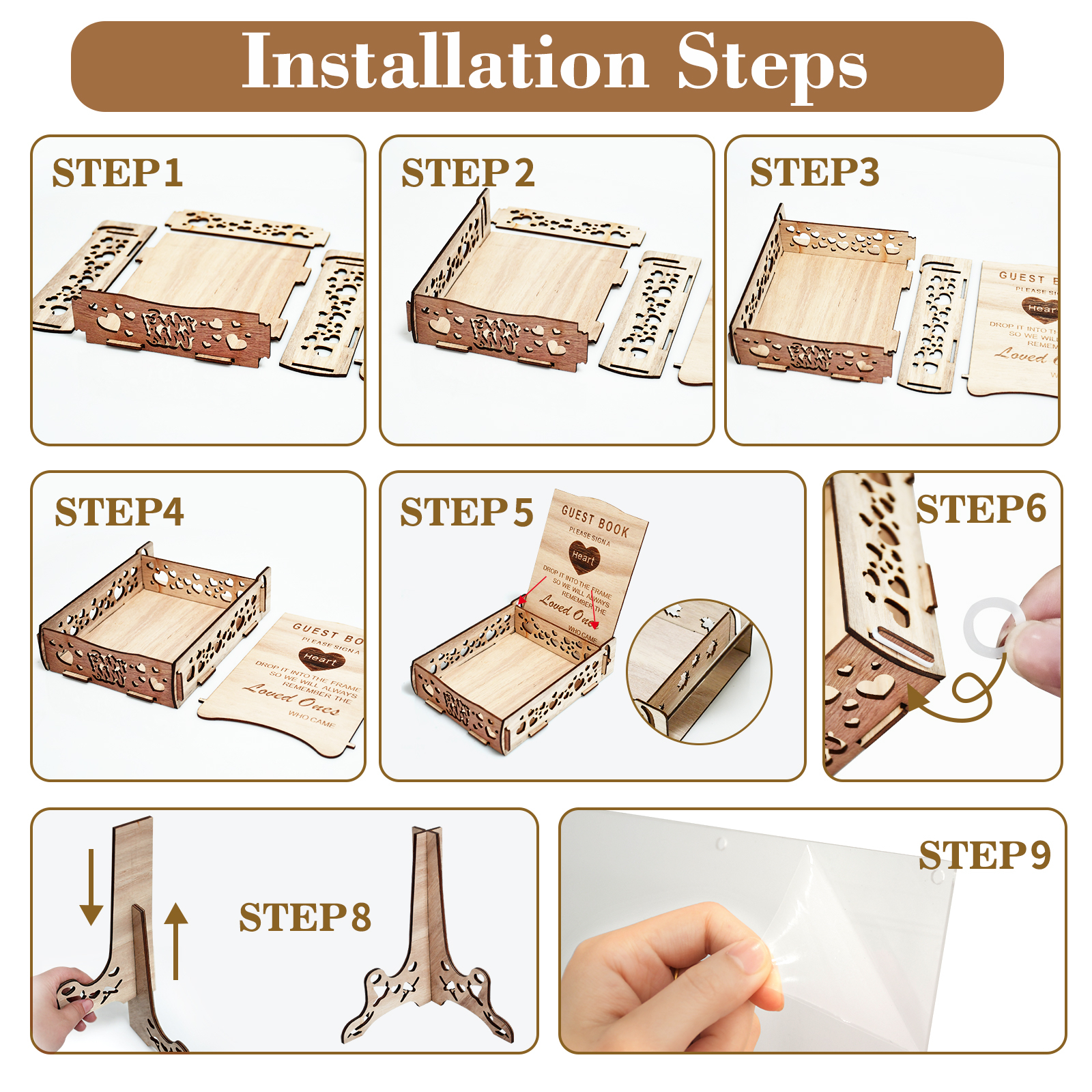 (320x410mm) Echtholz Baum Herz Hochzeits Gästebuch Aufstellbares Party Guest Book inkl. Aufbewahrungs Box - 80 Gäste