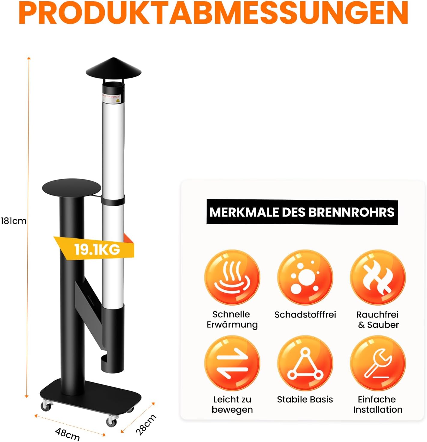 Tragbare Feuerrohr mit Rädern – Edelstahl Outdoor Feuersäule und Pelletfackel Terrassenheizer mit Stabiler Basis - Elegante Gartenkamin Alternative für Terrasse und Garten