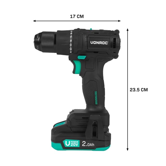 VONROC Boremaskine 20V – PRO| Kompakt & Kraftfuld | Børsteløs Motor | 40Nm | 46 dele Tilbehør | Inkl. 2.0Ah Akku & Oplader | Premium Kuffert