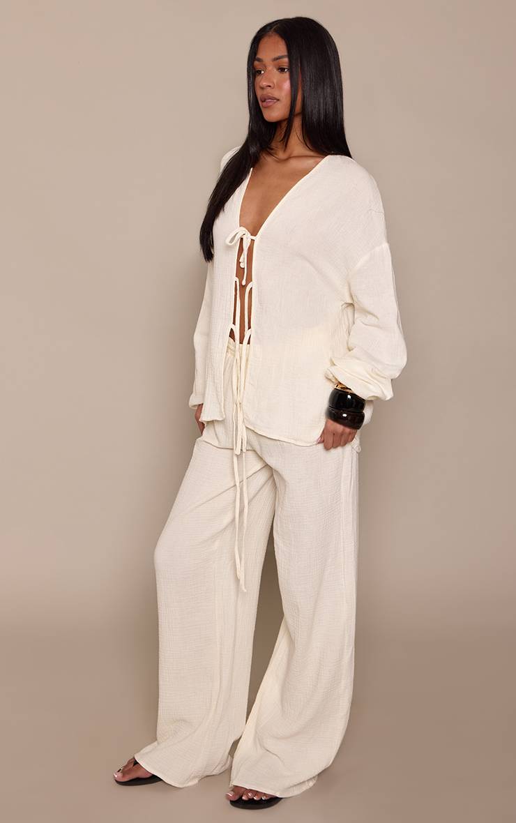 Crème Pantalon Large En Gaze Texturée Pour Grandes Tailles