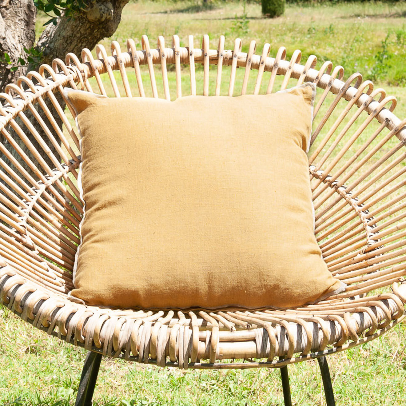 En Fil d'Indienne Housse de coussin Linon toile de Lin curry - 45x45 cm