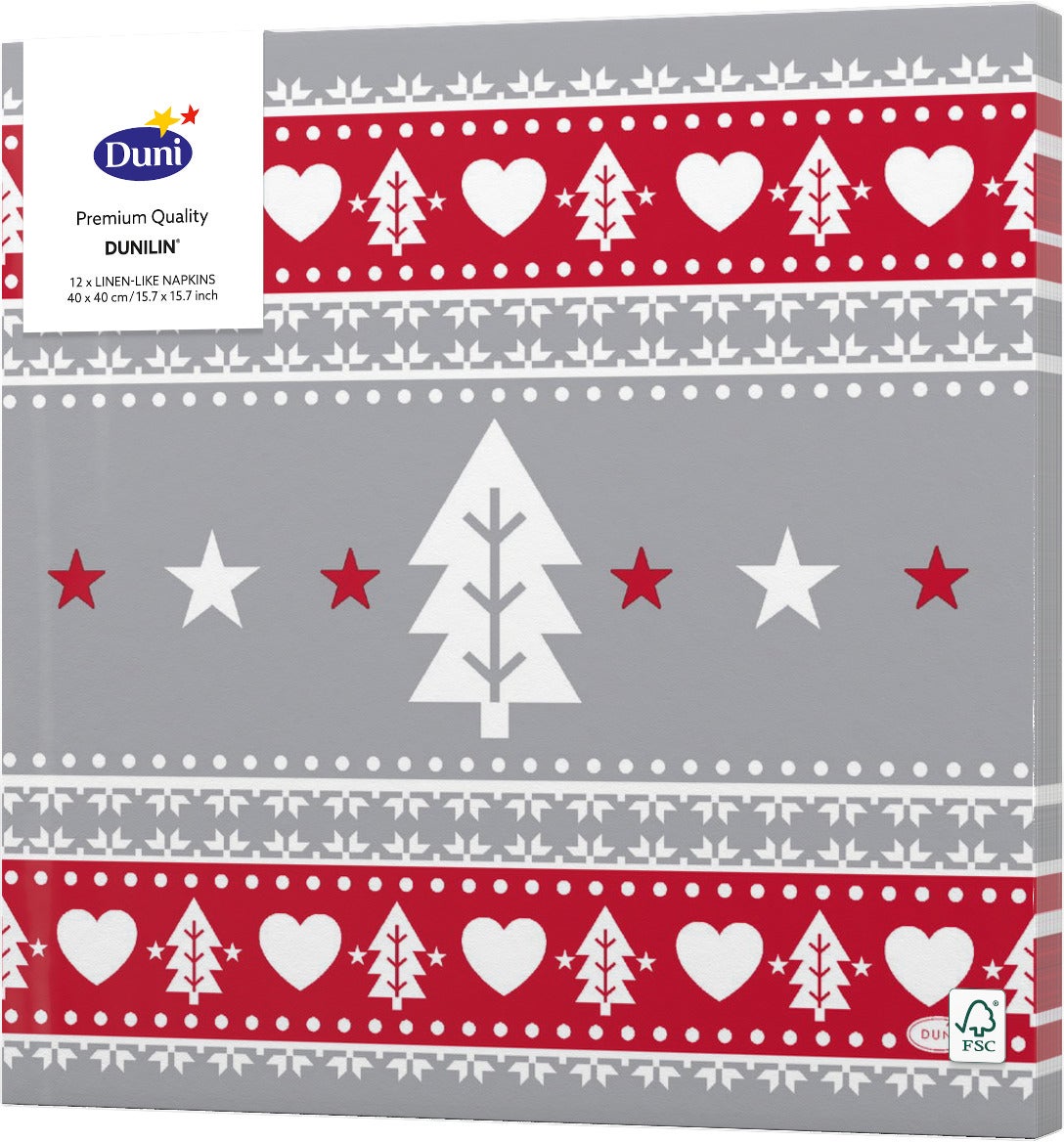 Duni servetten Sweden grijs / rood 40 x 40 cm 12 stuks