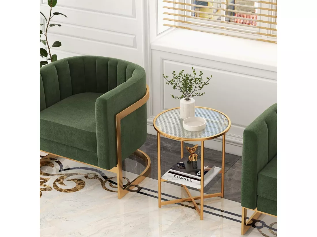 Table d'Appoint Ronde, Bout de Canapé en Verre Trempé Ondulé, Cadre en Métal Doré, Étagère en Faux Marbre, Petite Table Basse Salon Moderne, 50 x 50 x 60 cm