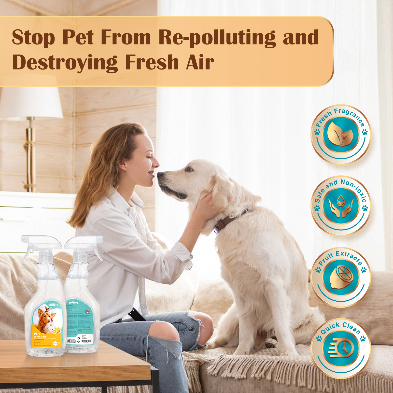 Nobleza - 2 × Spray Desodorizante de Longa Duração para Cães e Gatos, Eliminador de Odores sem Álcool, Desodorizante Suave, para Animais de Estimação, Cães e Gatos, 500 ml