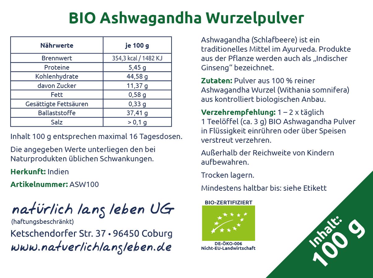 natürlich lang leben BIO Ashwagandha Pulver