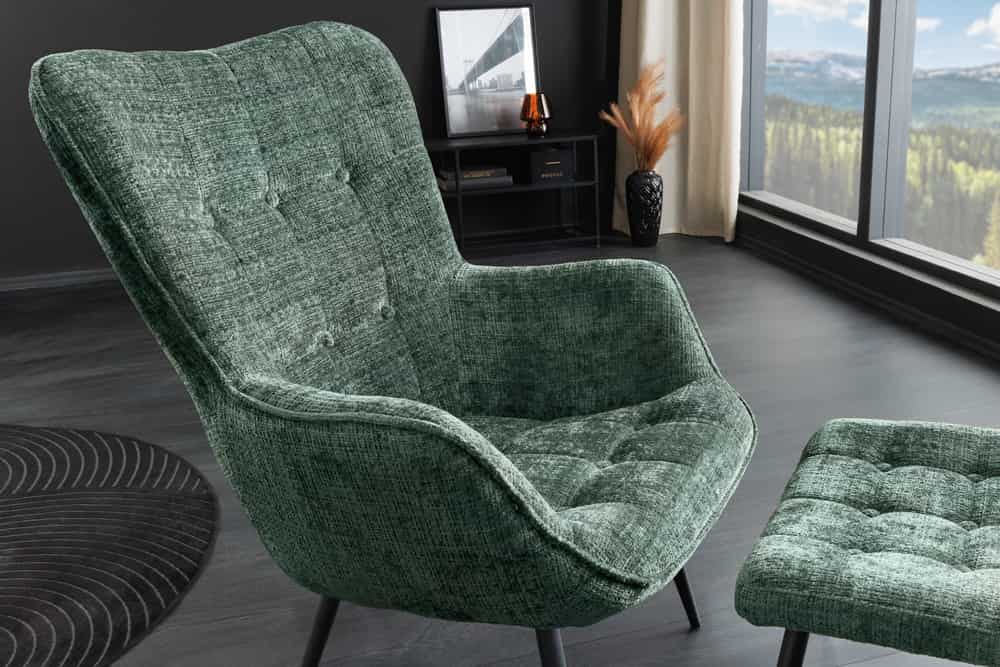 Design Sessel SCANDINAVIA grün Chenille Cremona schwarz Metall mit Armlehne