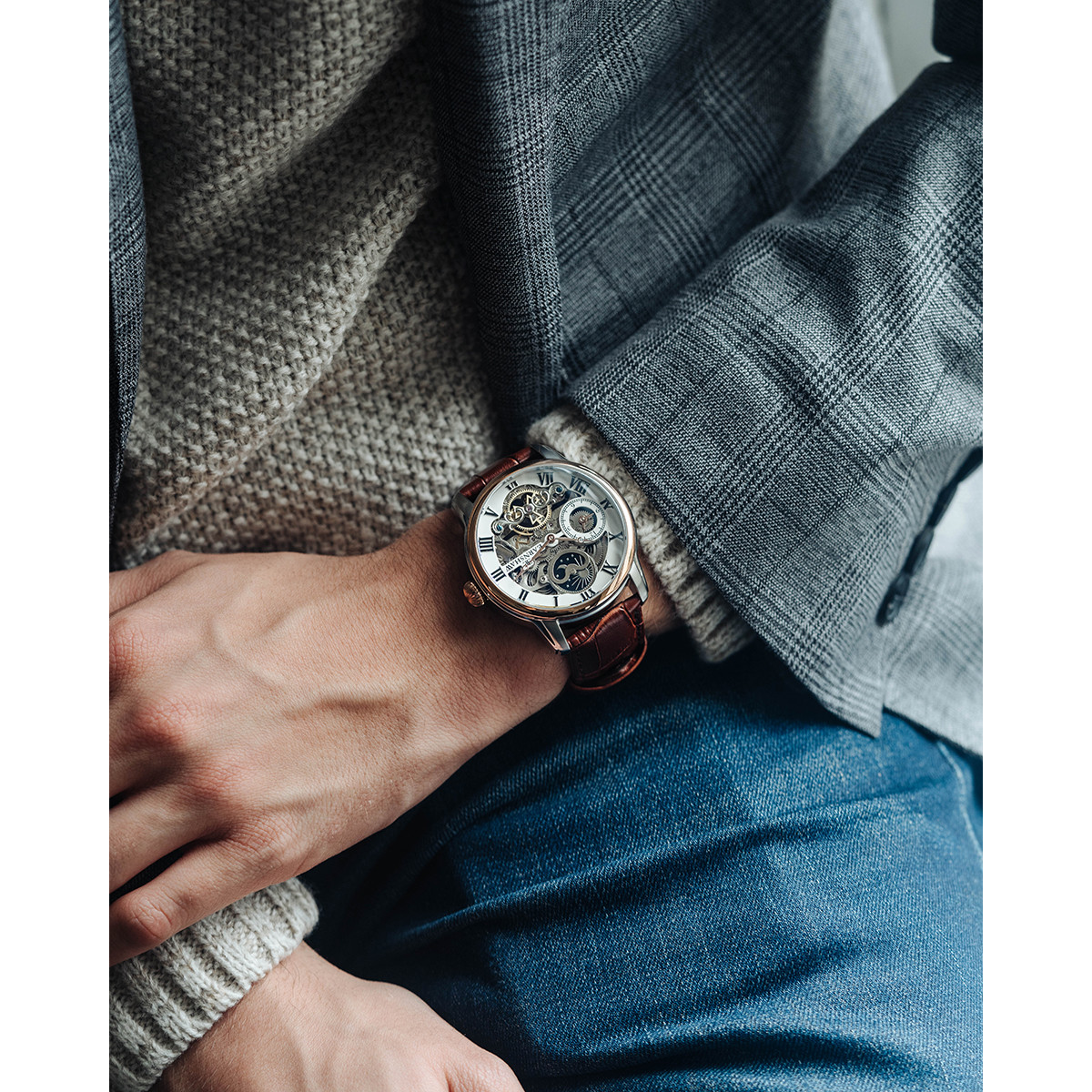 Montre EARNSHAW Longitude homme automatique acier bracelet cuir marron
