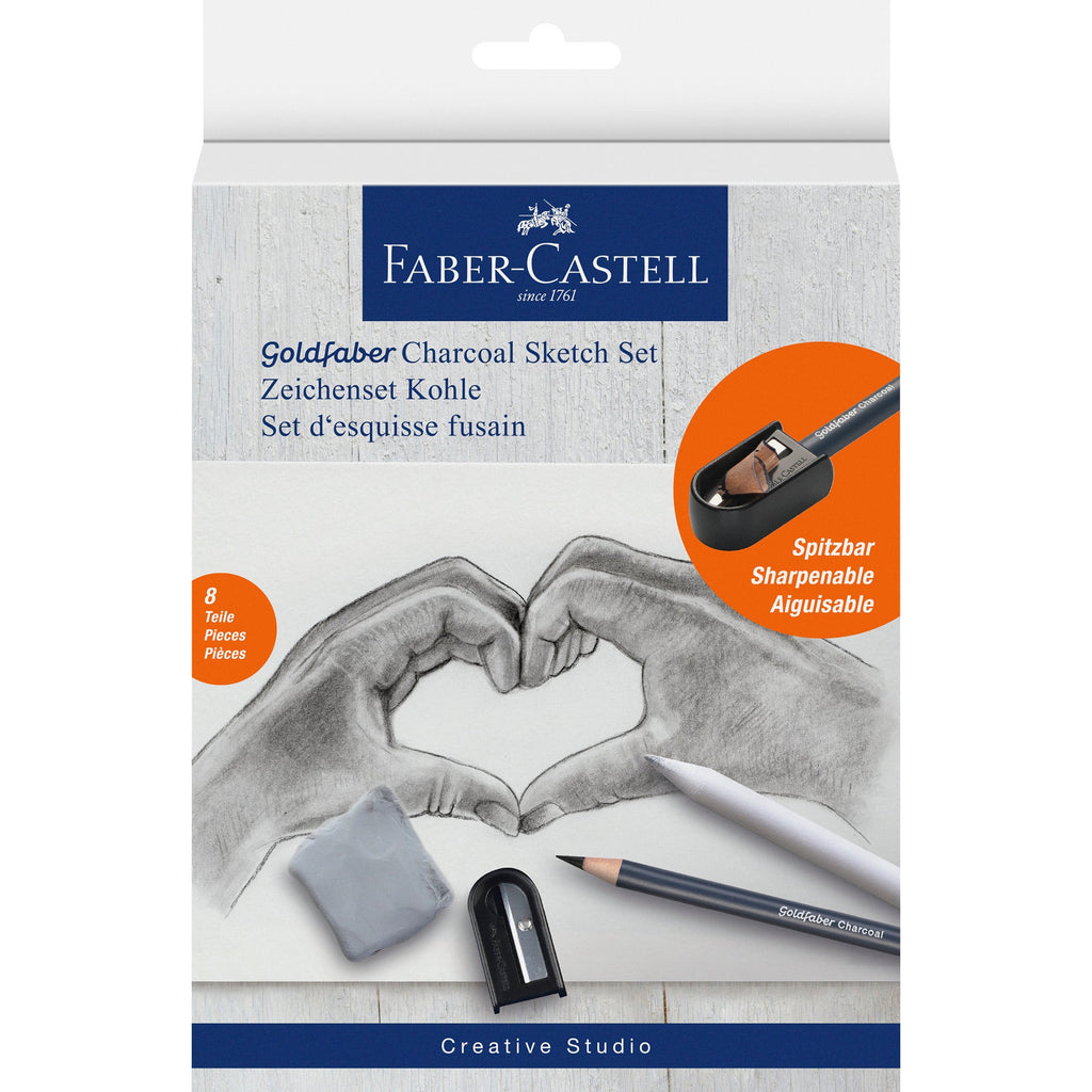 Conjunto Esboço Carvão Esfuminho + 5 Lápis + Afia + Borracha Faber Castell