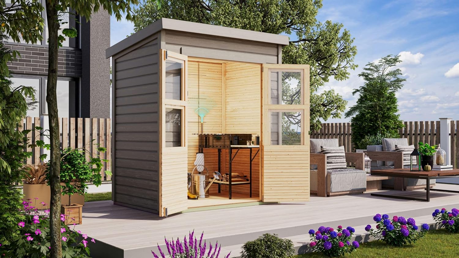 Karibu Gartenhaus Kano in 4 Größen optional mit Anbaudach, nordische Fichte, 14 mm Wandstärke, Pultdach mit Dachplatte, vorvergraut, lichtdurchflutet & wetterfest (Größe S)
