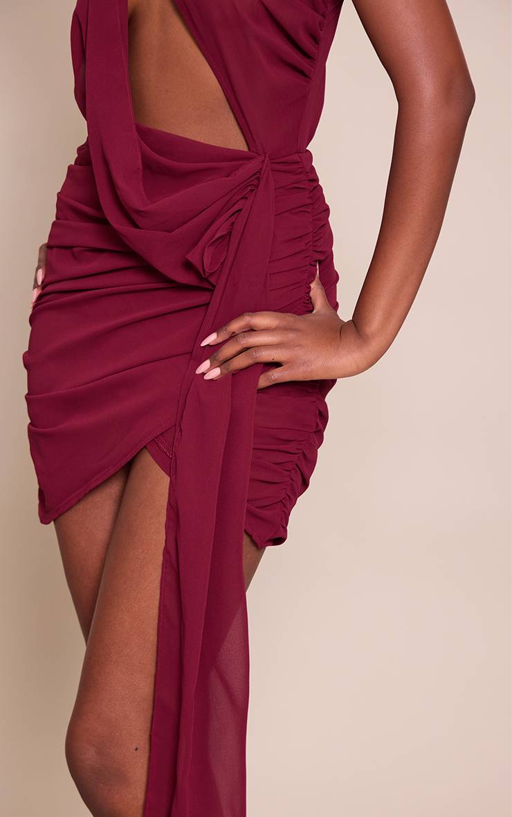 Prune Robe Moulante Drapée Asymétrique En Mousseline Transparente Avec Détails Froncés