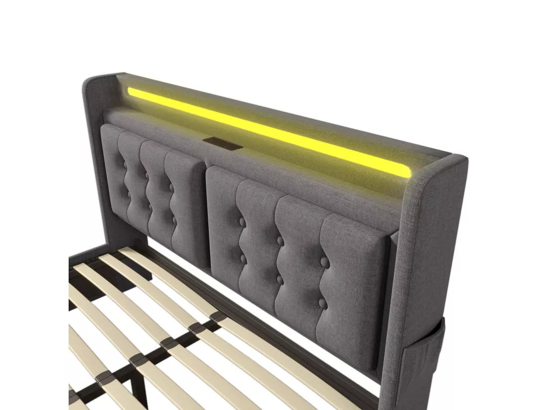 Lit adulte 180x200cm en tissu lin - avec LED et Ports de recharge - 4 tiroirs - Gris