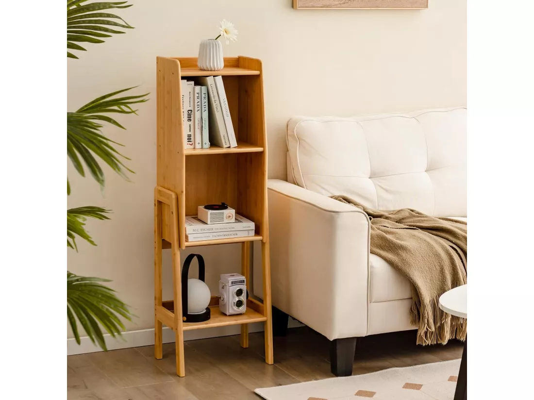 Bibliothèque Étagère Rangement en Bambou, Meuble Case Compartiment Cube, Pieds Bords Surélevés, Meuble Bibliothèque pour Petit Espace, Chambre, Salon, Cuisine (Jaune, 113 CM)