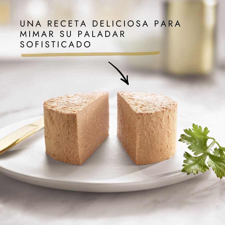 Mousse de frango gourmet dourada em lata para gatos