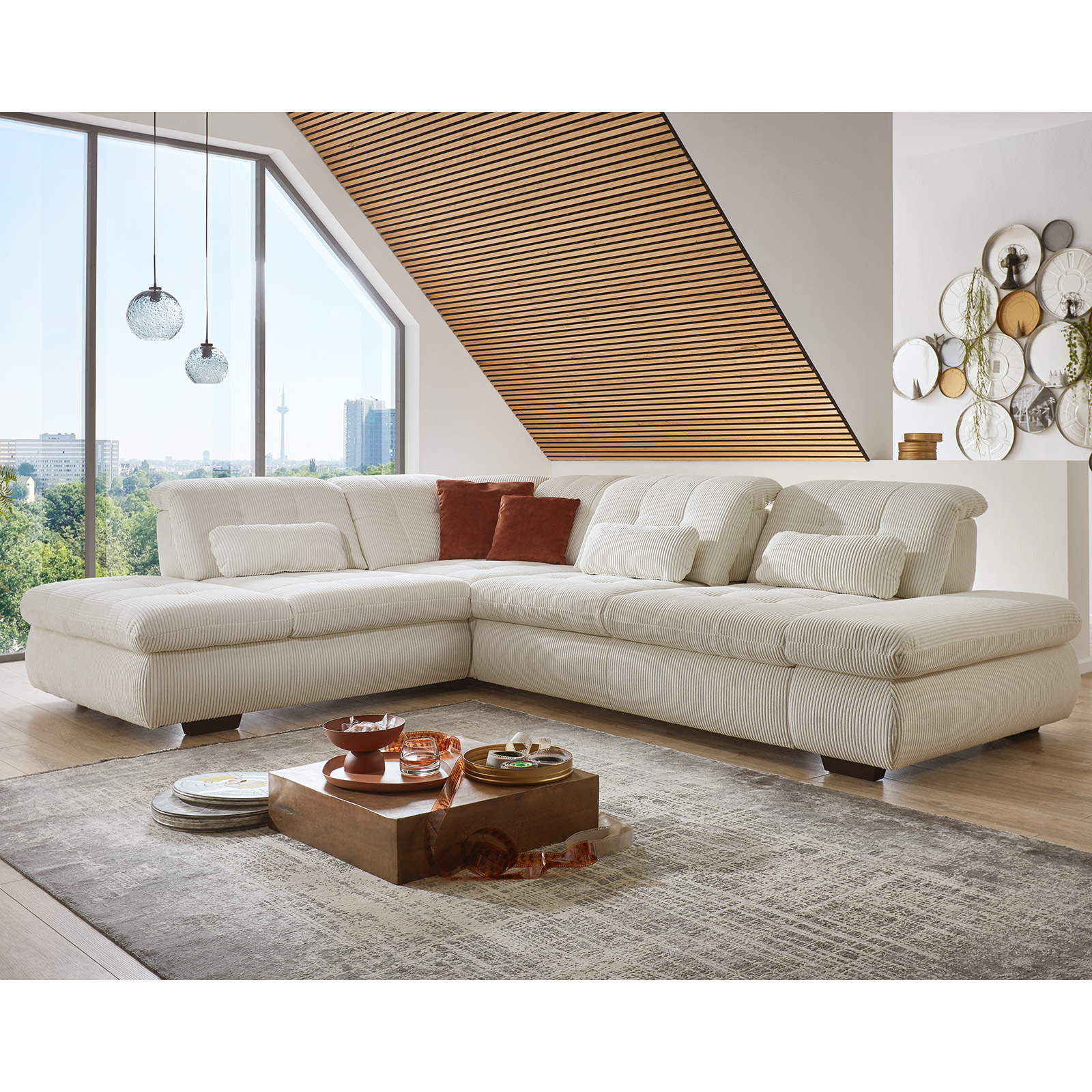 polsterpower Ecksofa - Cord natur - Basismodell - Anstellhocker links