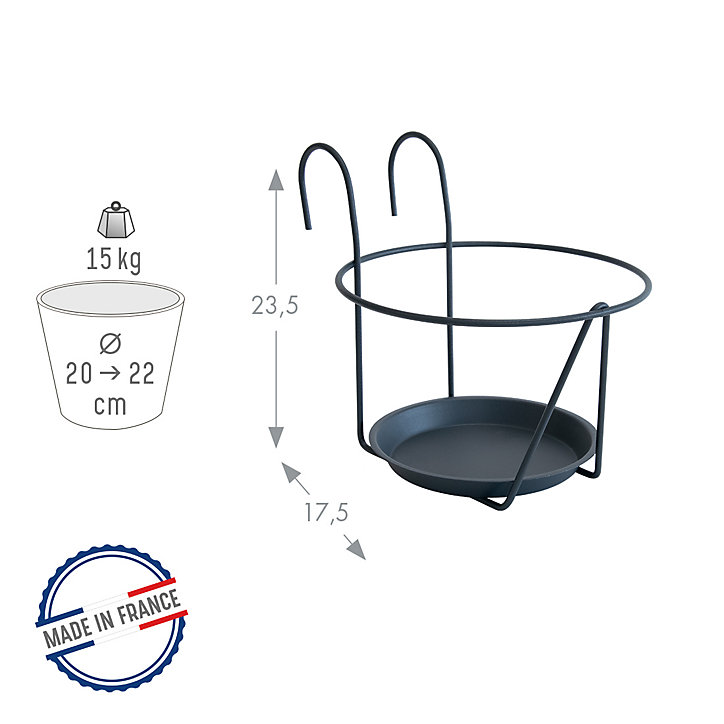 Porte pot à crochet en acier avec soucoupe anthracite 20-22 cm Louis moulin