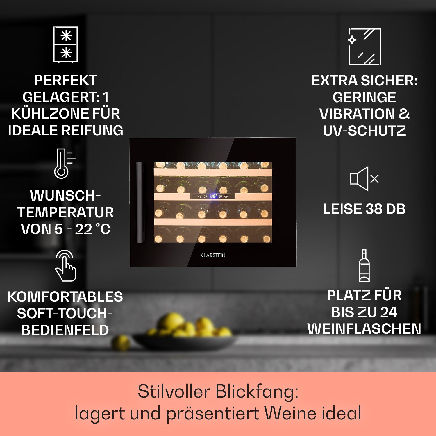 Vinsider 24 Built-In Uno Onyx Einbau-Weinkühlschrank 24 Flaschen 57 L
