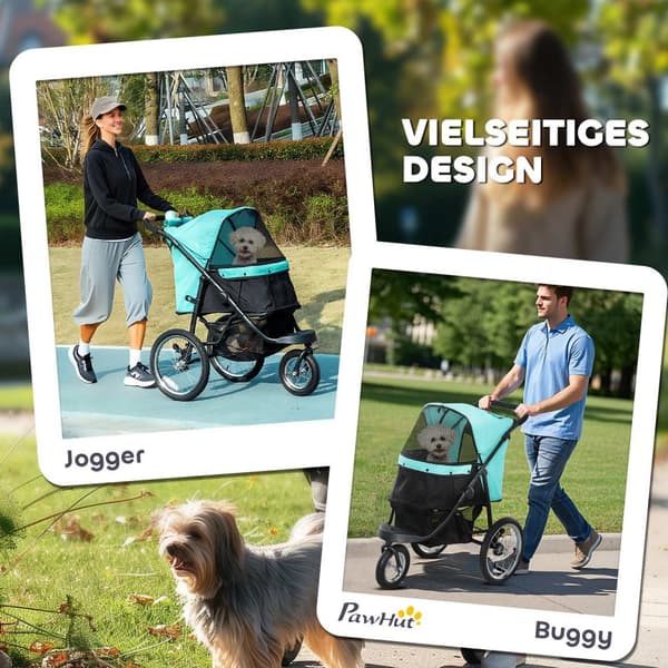 Hundevogn jogger hundevogn sammenleggbar for små hunder og katter opp til 10 kg kattevogn med 3 store gummihjul, putenettingsvinduer oppbevaringskurv