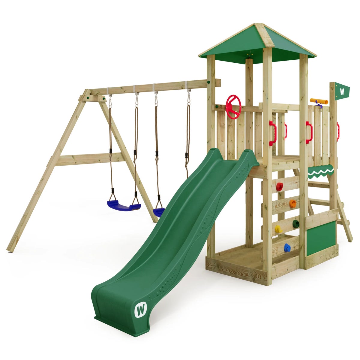 WICKEY Smart Savana speeltoren klimtoestel met schommel en glijbaan, speelhuis met klimladder en speelaccessoires – groen
