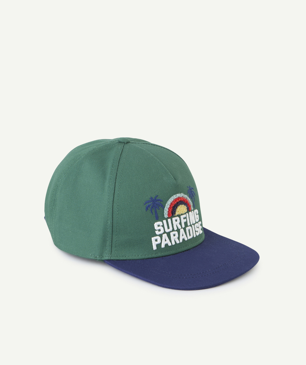 casquette garçon en coton kaki et bleu avec patch en bouclettes