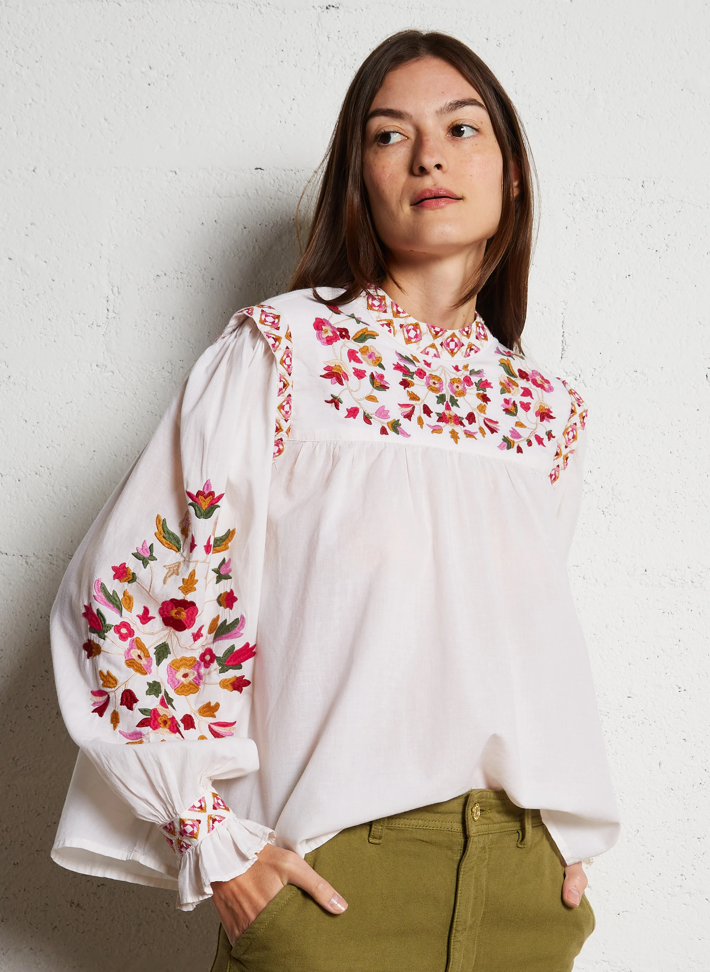 HIGOR - Top manches longues brodé en coton | Beige