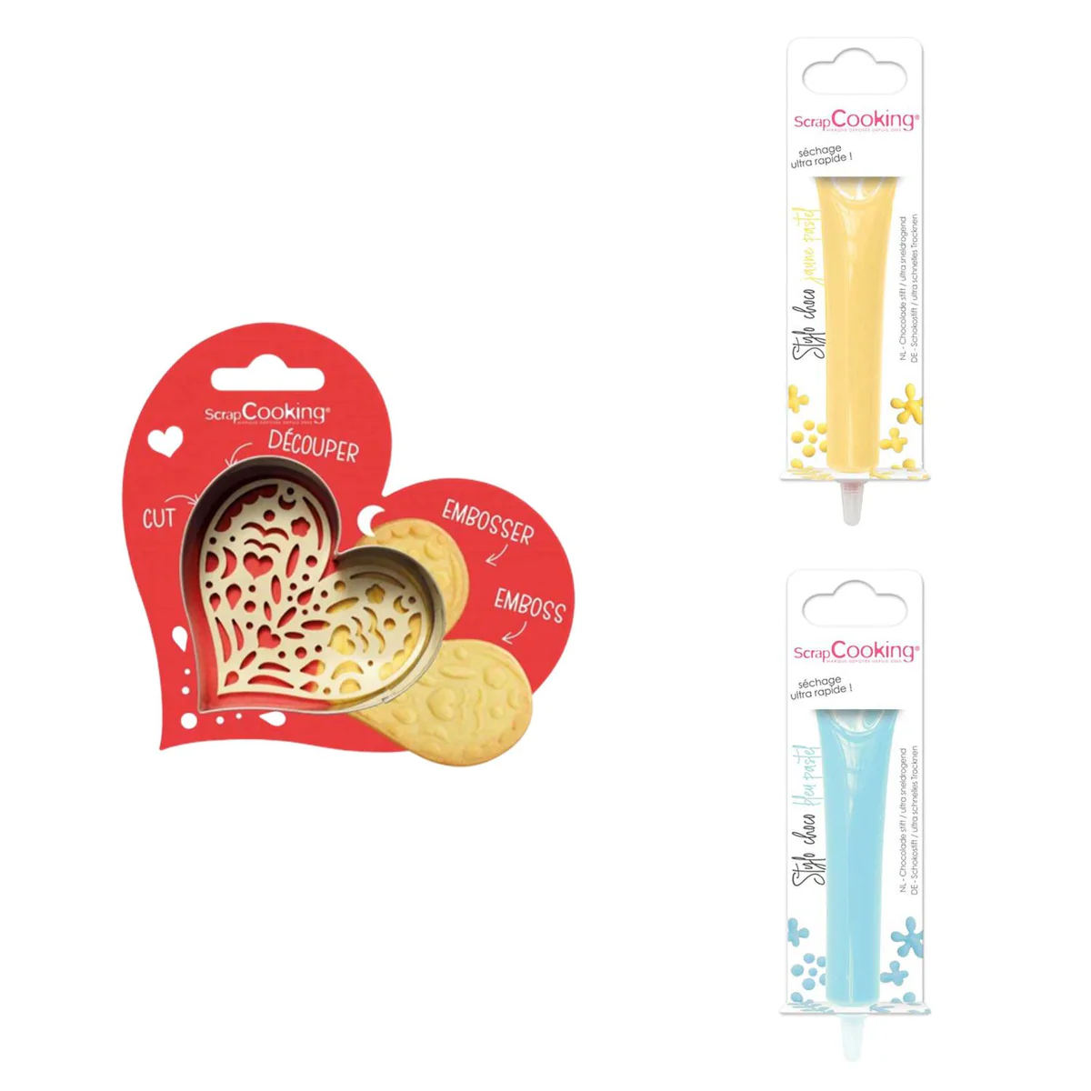 Kit pour biscuit en relief Coeur + 2 Stylos au chocolat jaune pastel e