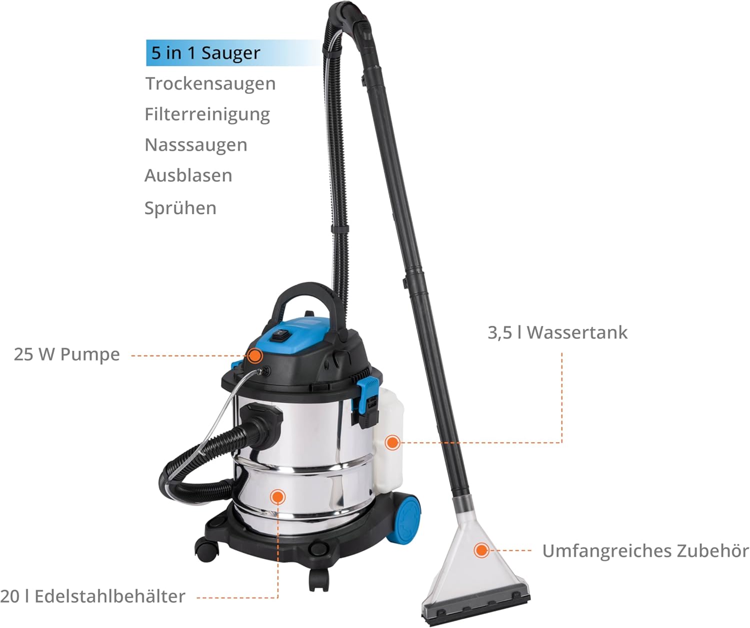 Güde Waschsauger GWS 1600-20 (1600 W, Nass- und Trockensaugen, Sprühen, Ausblasen, Filterreinigung, Edelstahlbehälter 20 l, max. Saugleistung 19 kPa, Luftvolumenstrom 100 m³/h, HEPA-Filter, Zubehör)