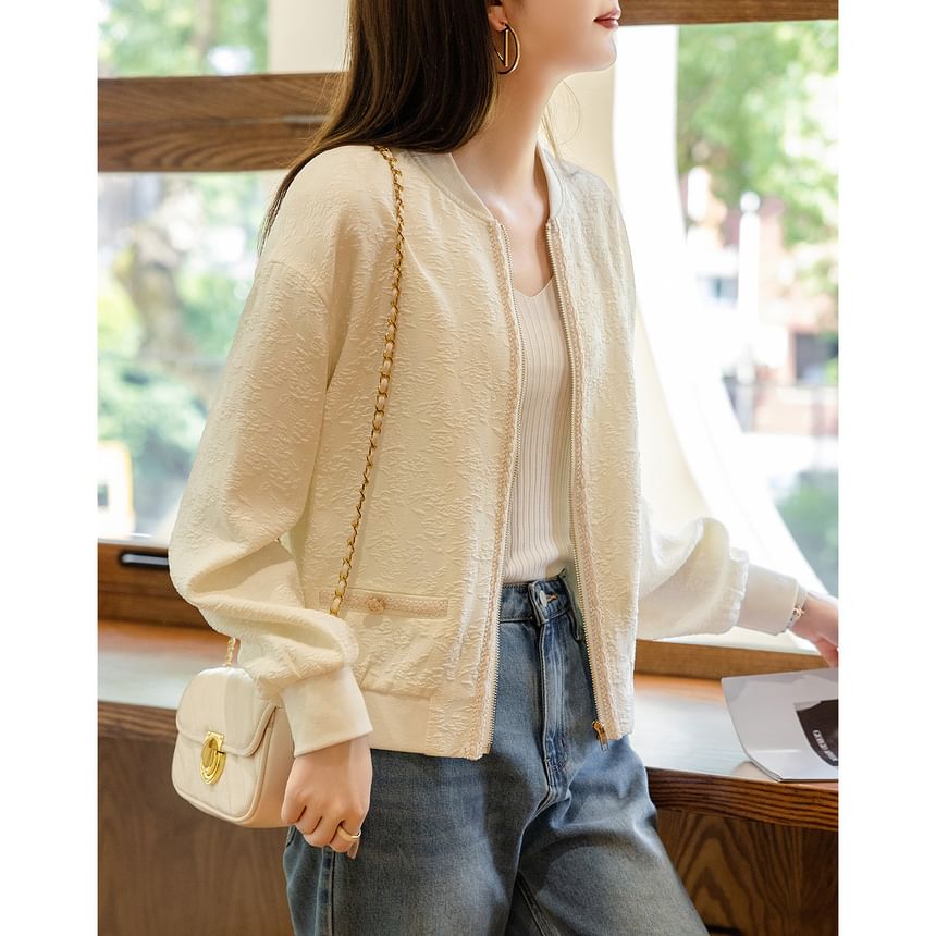 Jeonseon - Effen Jacquard Baseballjack met Bloemenmotief en Ritssluiting
