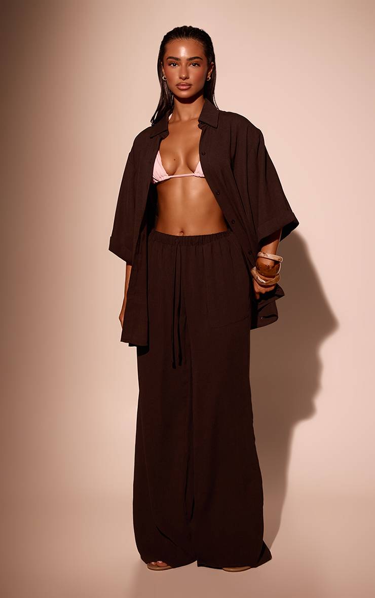 Dark Chocolate Chemise De Plage À Épaules Tombantes Aspect Lin