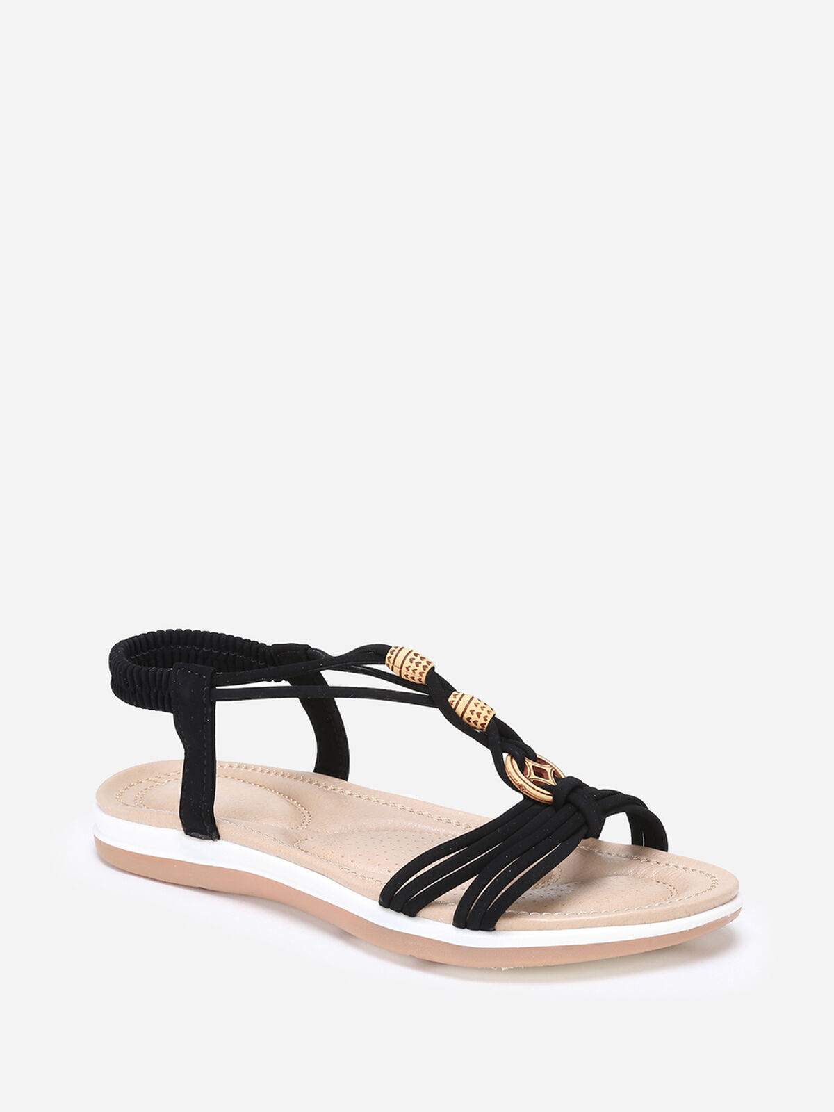 Sandales à fines brides et perles effet bois- Noir
