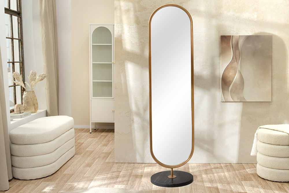Ovaler Standspiegel PORTRAIT 175cm gold Eisen schwarzer Marmorfuß handmade