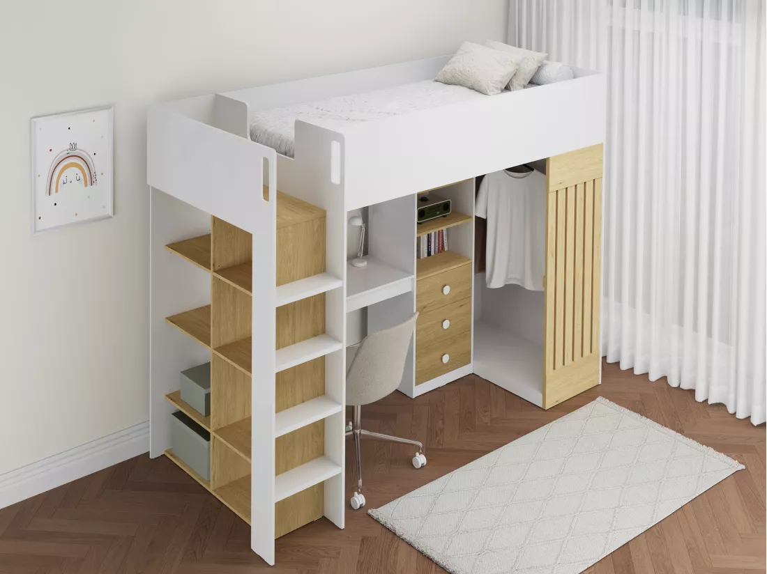 Lit mezzanine 90 x 190 cm avec bureau et penderie - Coloris : Blanc et naturel + Matelas - LORINTI