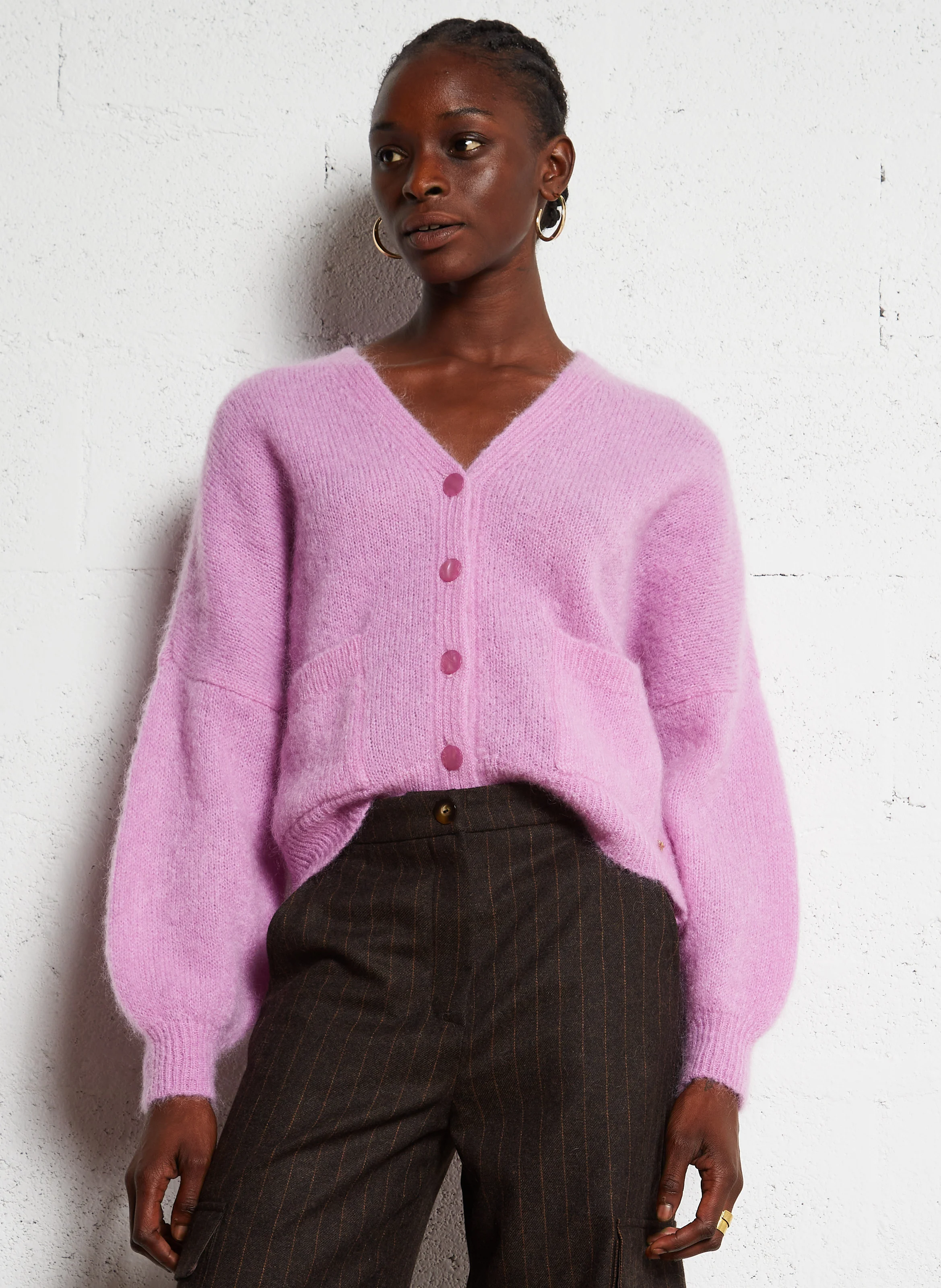 ALOUISE - Gilet col V droit en laine mélangée | Rose